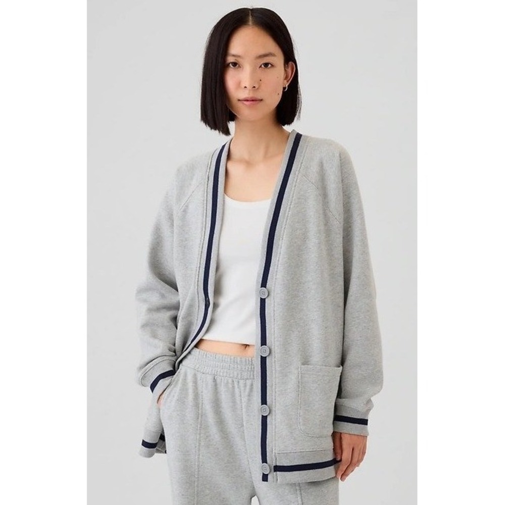 Gap Vintage Soft Oversized Varsity Fleece Cardigan Women Medium Gray Preppy